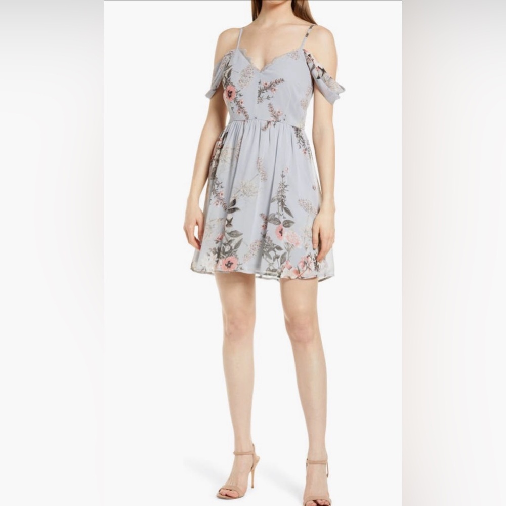 Lulu's Light Blue Floral Cold Shoulder Mini Dress